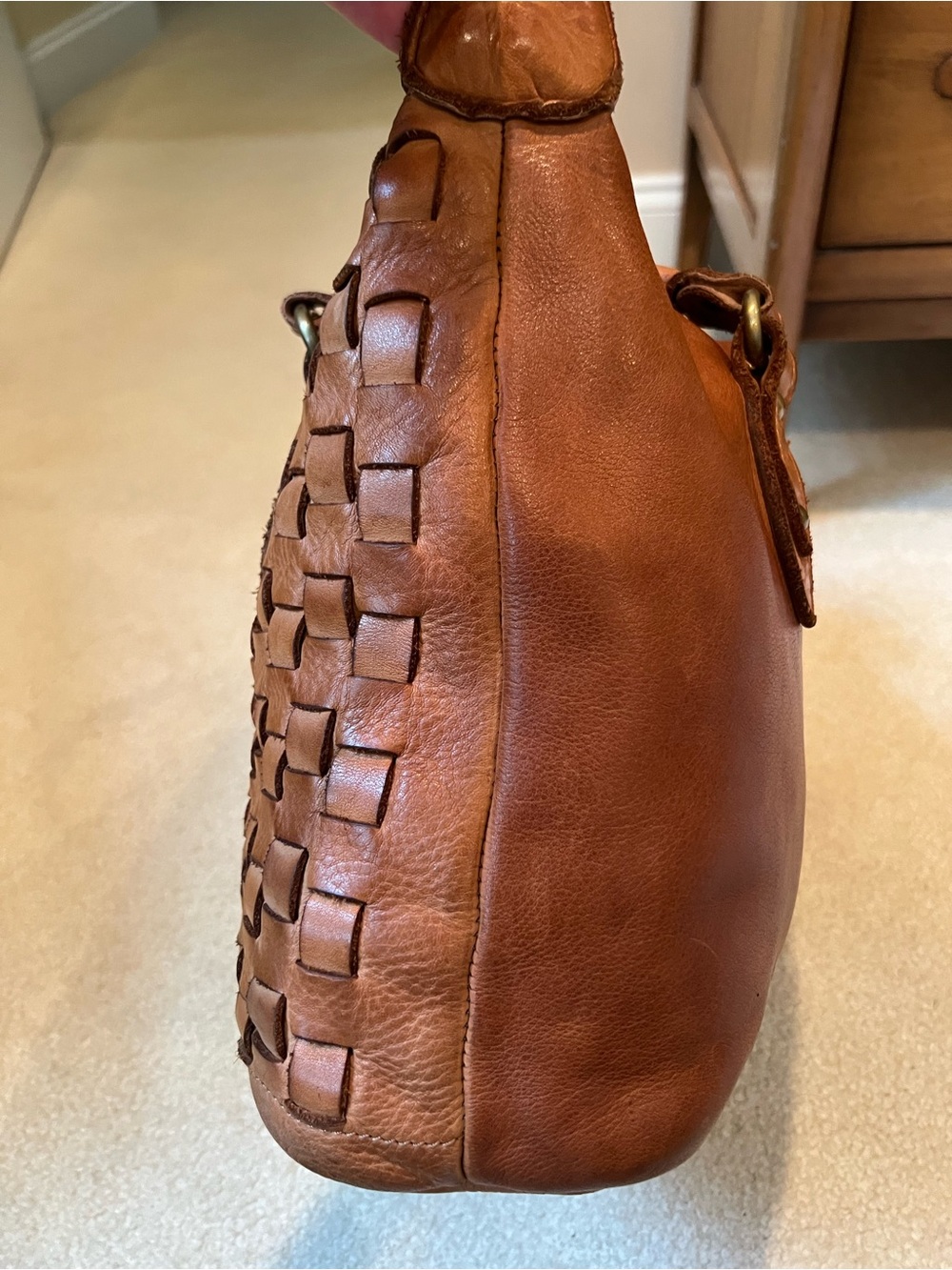 Sundance Catalog Cognac Brown Woven Leather Basketweave Satchel Bag - Picture 4 of 14